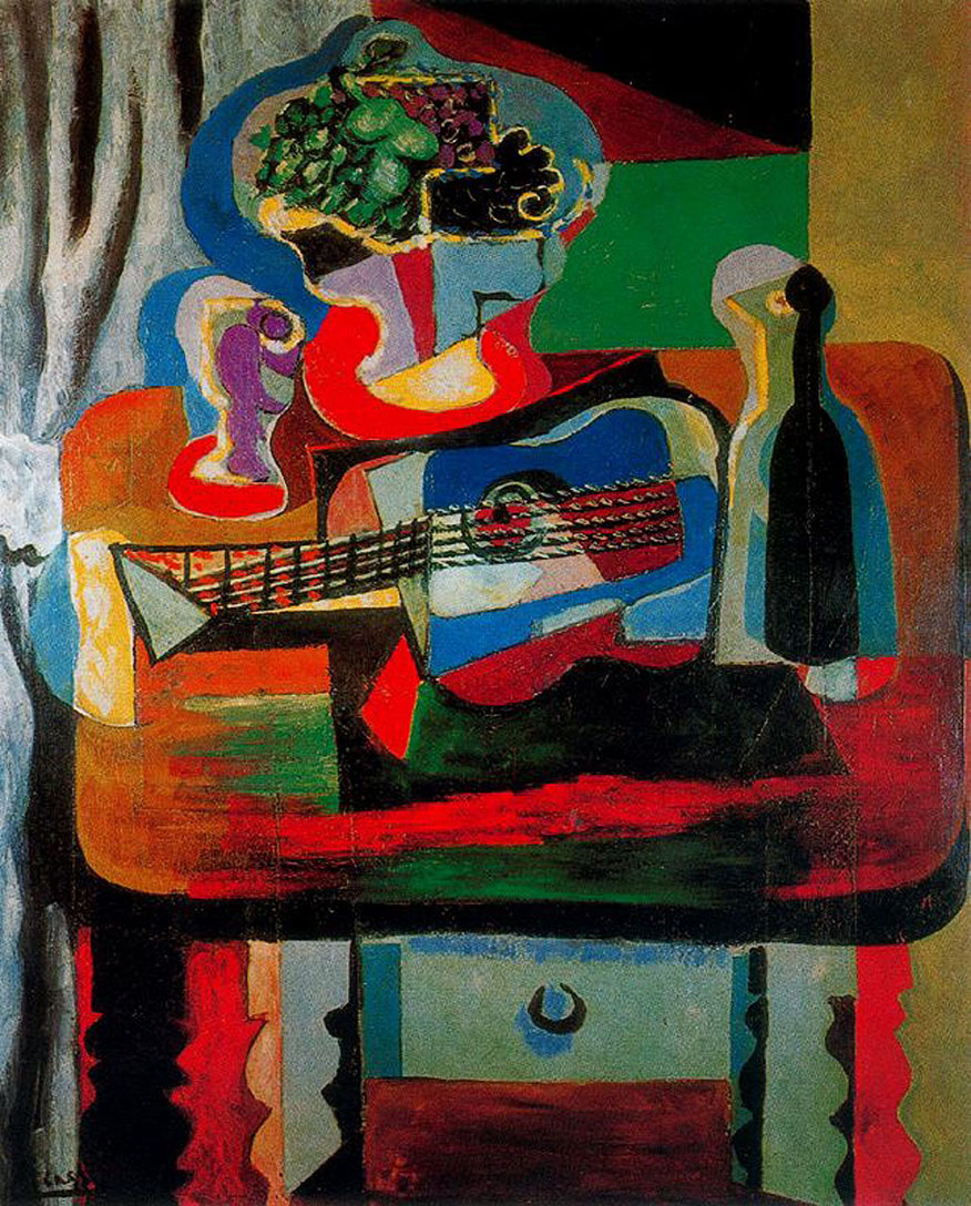 Picasso Guitar, bottle, fruit dish and glass on the table 1919